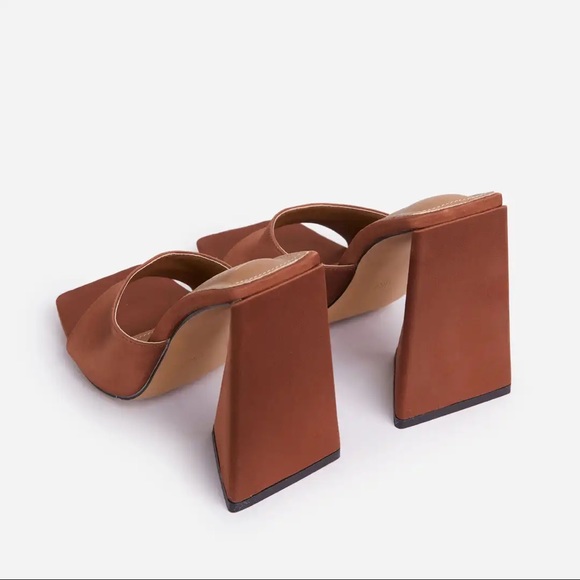 SOLD Square open toe sculptured flared block heel mule in brown satin - Picture 3 of 9